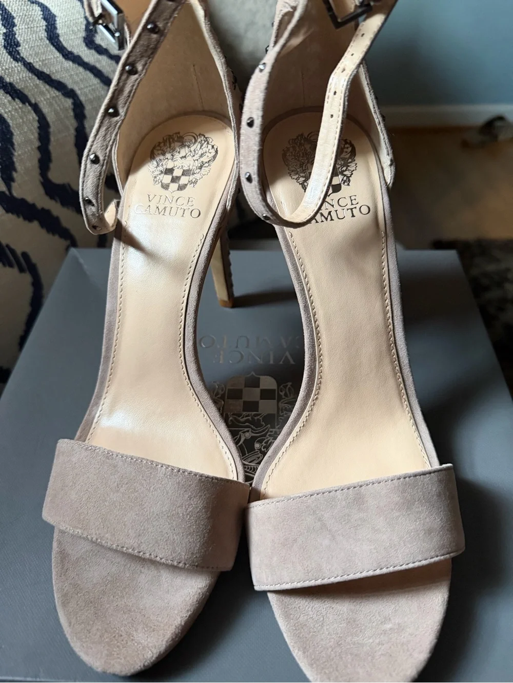 Vince Camuto Taupe Suede Studded Ankle-Strap Heels